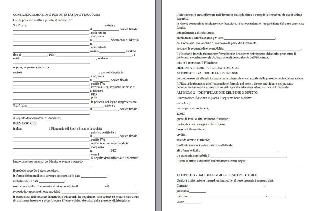 Fac Simile Controdichiarazione per Intestazione Fiduciaria Word da Scaricare