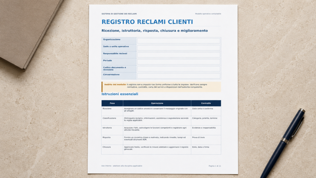 Modello Registro Reclami Clienti