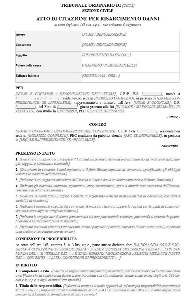 Fac Simile Atto di Citazione per Risarcimento Danni