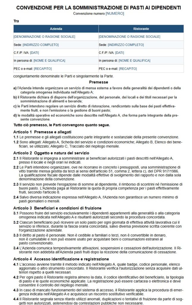 Fac Simile Convenzione Con Ristorante Per Pasti Dipendenti