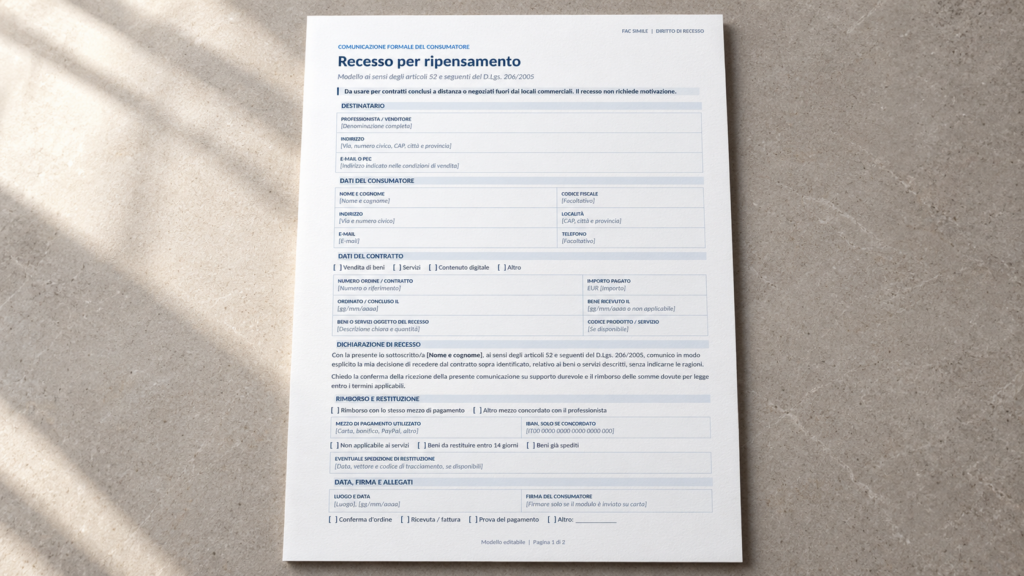 Fac Simile Diritto di Recesso per Ripensamento