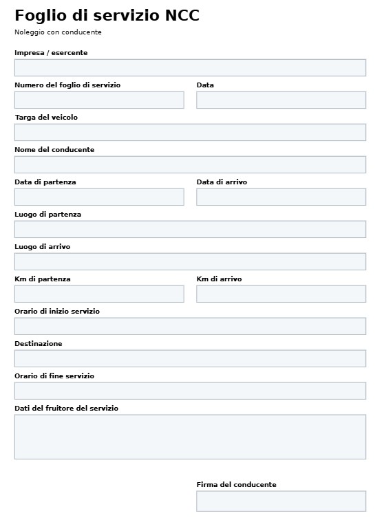 Fac Simile Foglio di Servizio NCC Word, Excel e PDF