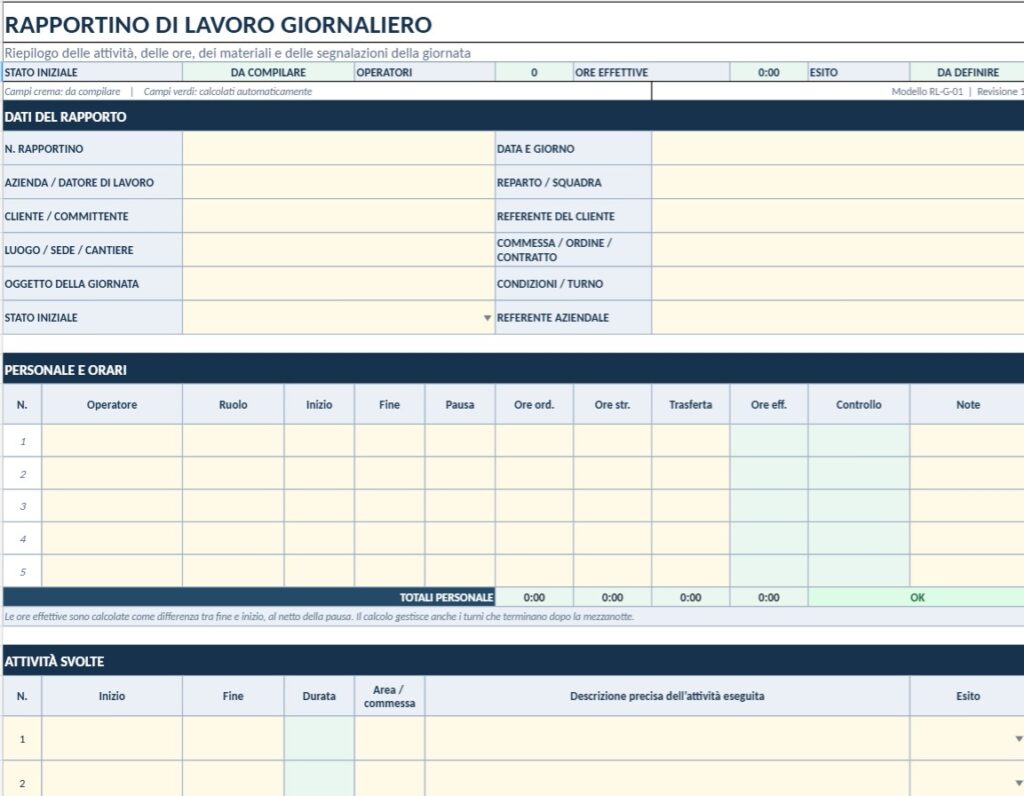 Fac Simile Rapportino di Lavoro Giornaliero Word, Excel e PDF