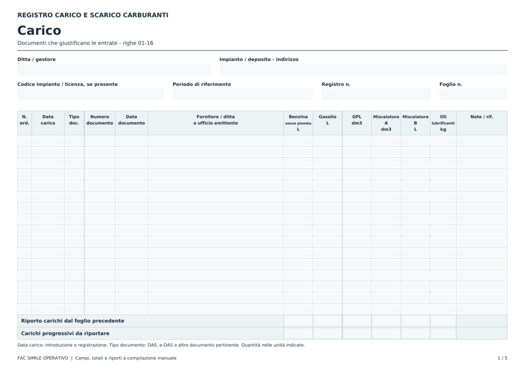 Fac Simile Registro Carico e Scarico Carburanti Word, Excel e PDF