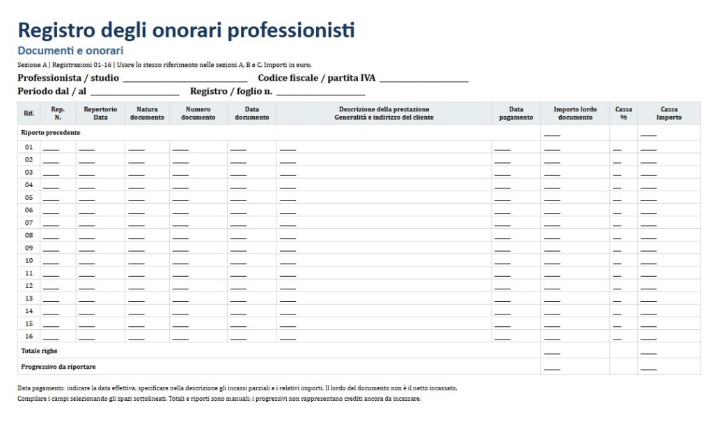 Fac Simile Registro degli Onorari dei Professionisti Word, Excel e PDF