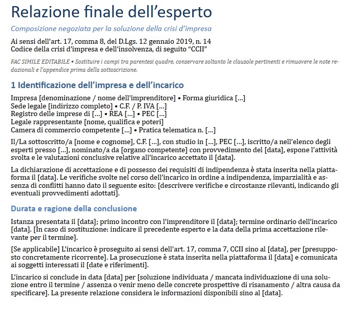 Fac Simile Relazione Finale Esperto Composizione Negoziata