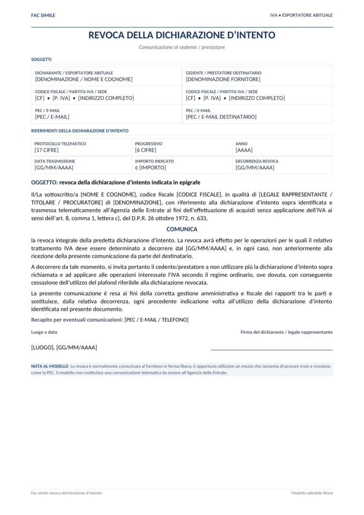 Fac Simile Revoca Dichiarazione d'Intento
