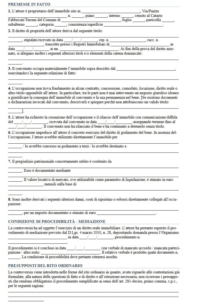 Modello Atto di Citazione per Occupazione Senza Titolo