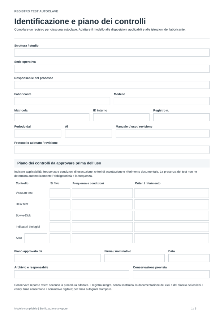Modello Registro Test Autoclave Word, Excel e PDF