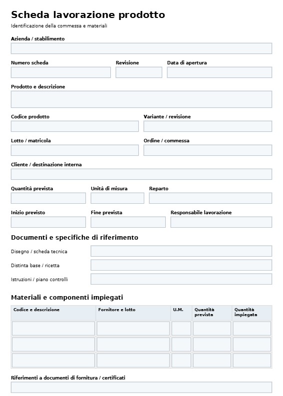 Modello Scheda Lavorazione Prodotto Word, Excel e PDF
