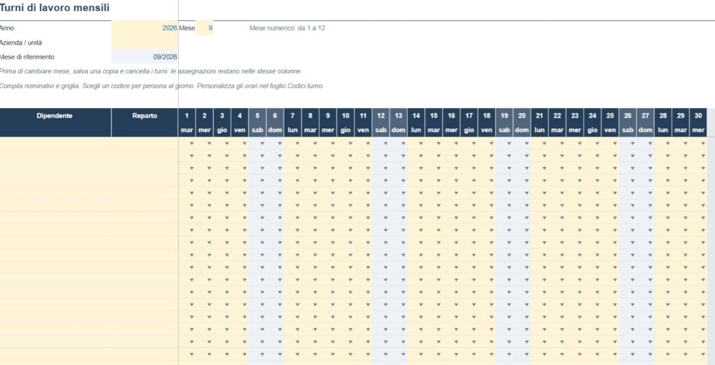 Modello Turni di Lavoro Mensili Word e Excel