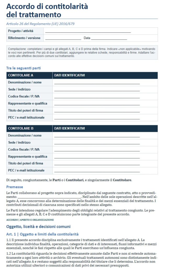 Fac Simile Accordo di Contitolarità GDPR Art. 26