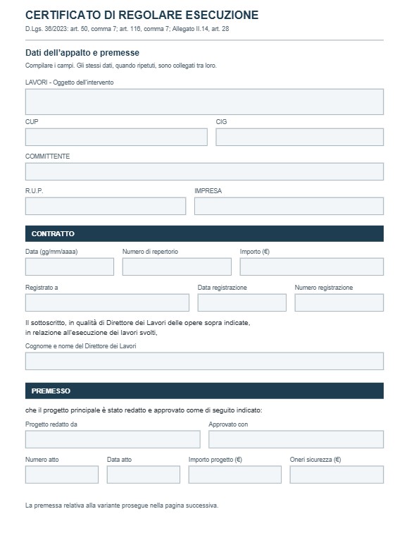 Fac Simile Certificato di Regolare Esecuzione D.Lgs. 36/202
