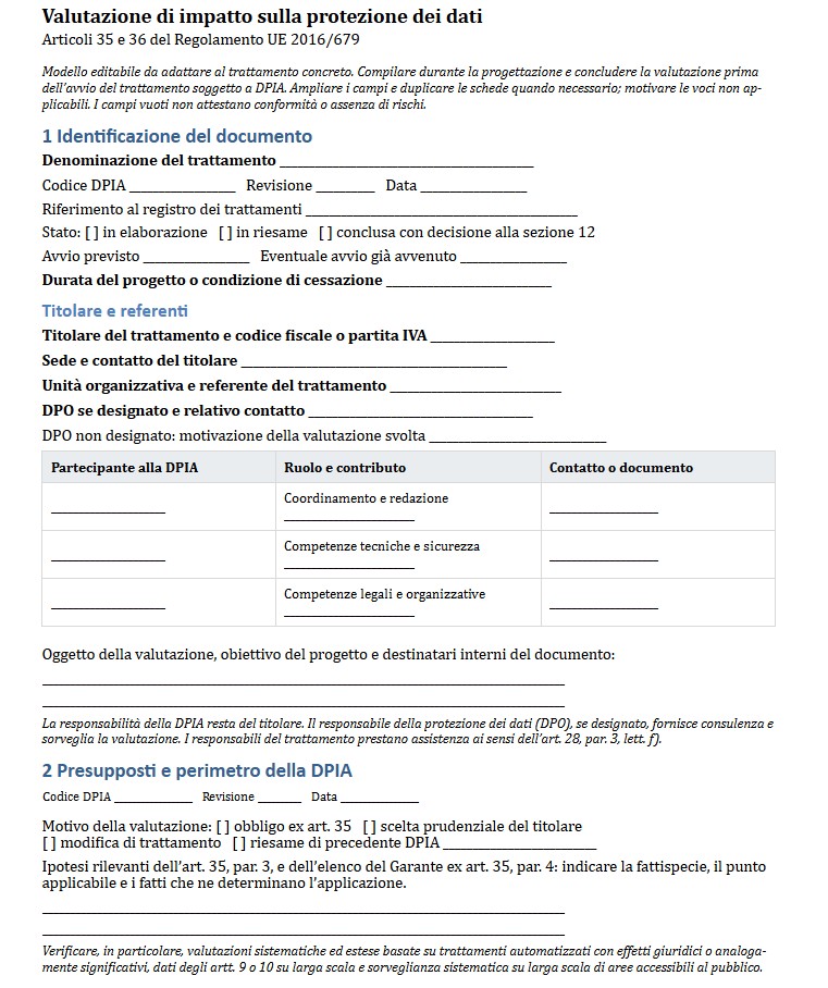 Fac Simile DPIA GDPR Word e Excel