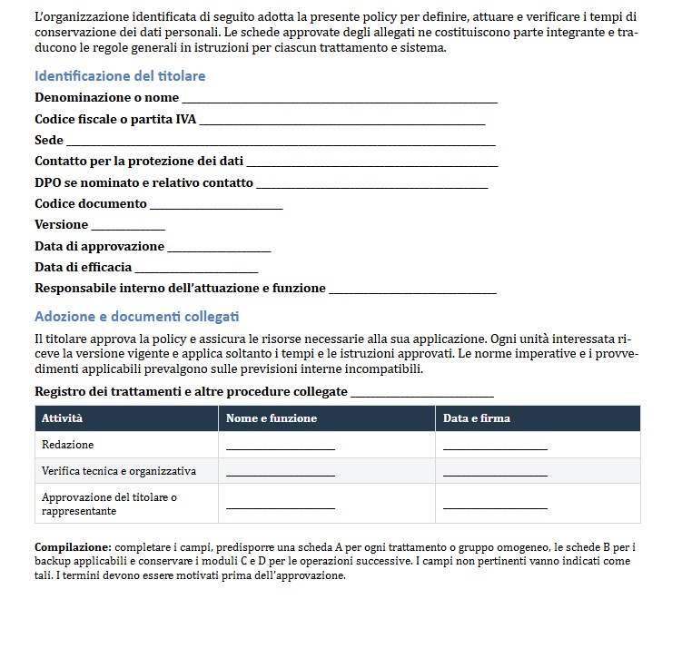 Fac Simile Data Retention Policy