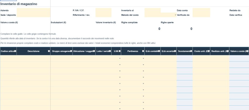 Fac Simile Inventario di Magazzino Excel e PDF