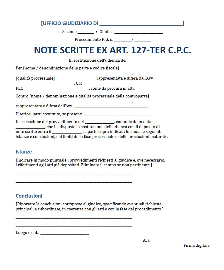 Fac Simile Note Scritte ex Art 127-Ter c.p.c.