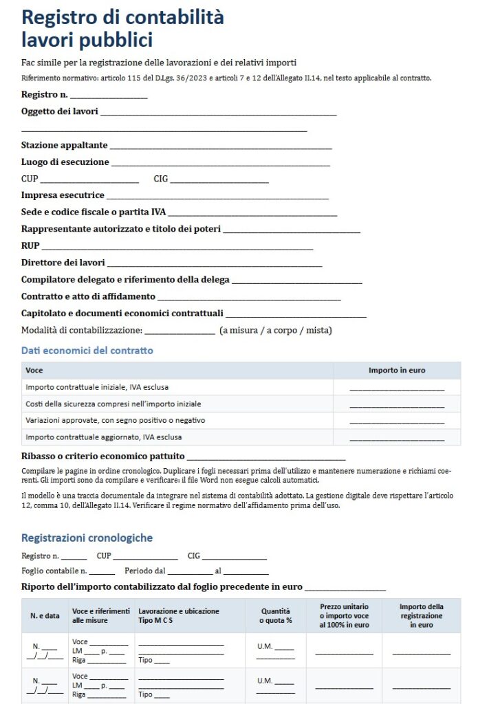 Fac Simile Registro di Contabilità Lavori Pubblici Word, Excel e PDF