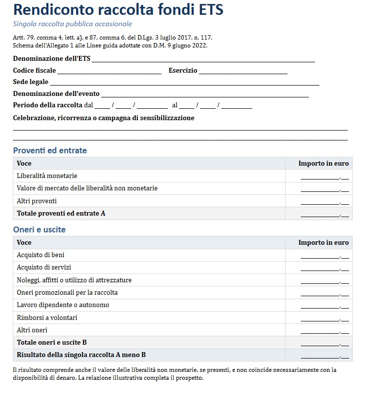 Fac Simile Rendiconto Raccolta Fondi ETS​ Word, Excel e PDF