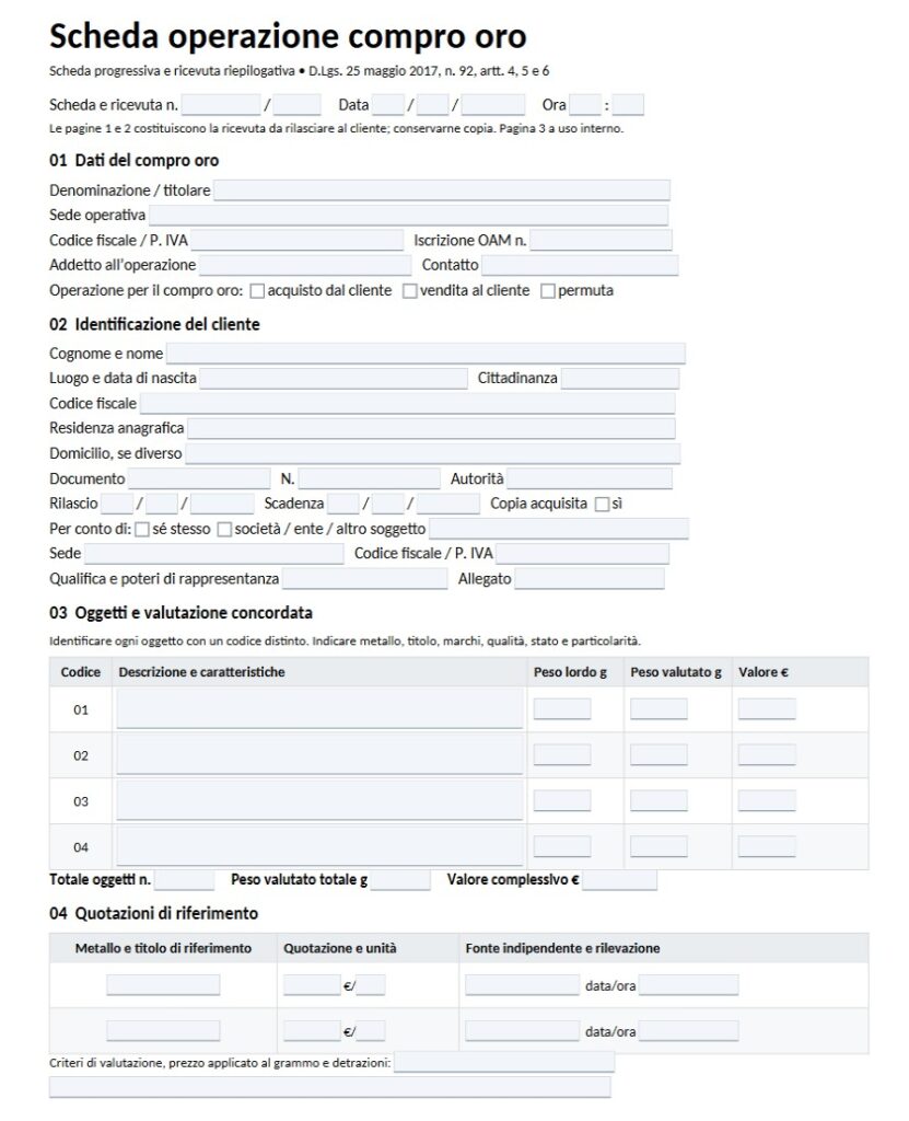 Fac Simile Scheda Operazioni Compro Oro Word, Excel e PDF