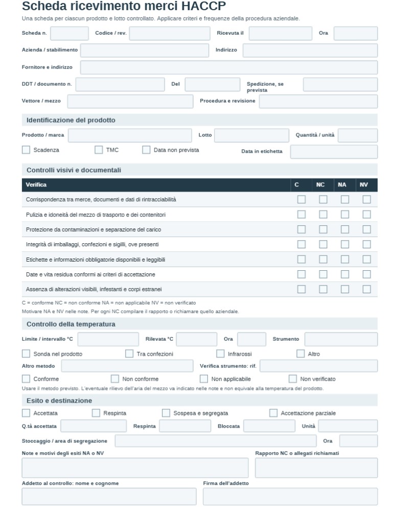 Fac Simile Scheda Ricevimento Merci HACCP Word, Excel e PDF