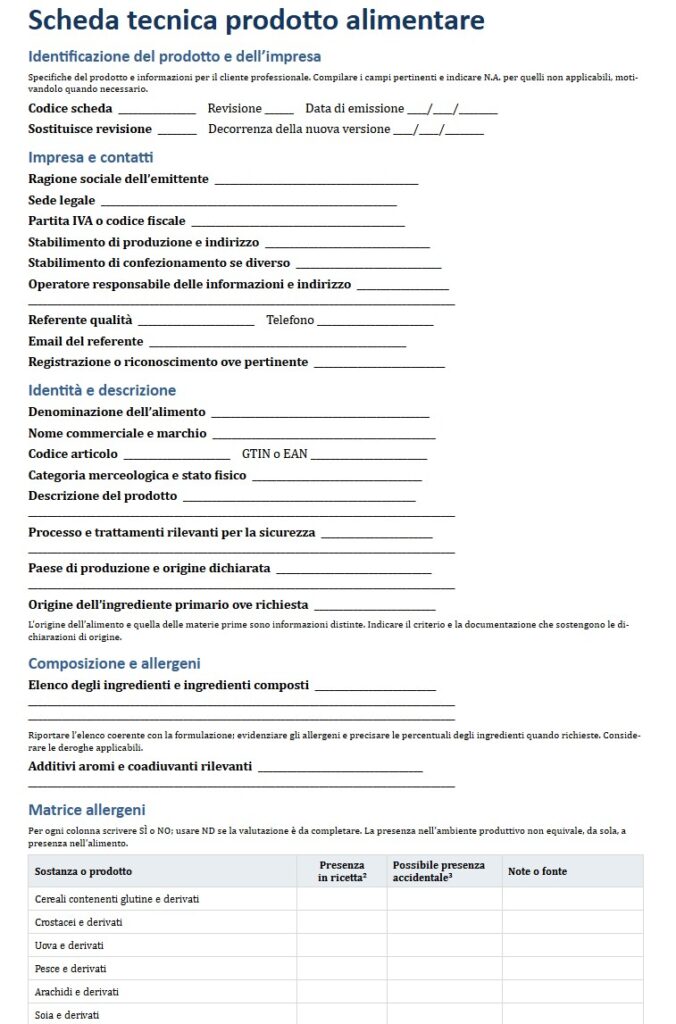 Fac Simile Scheda Tecnica Prodotto Alimentare Word, Excel e PDF