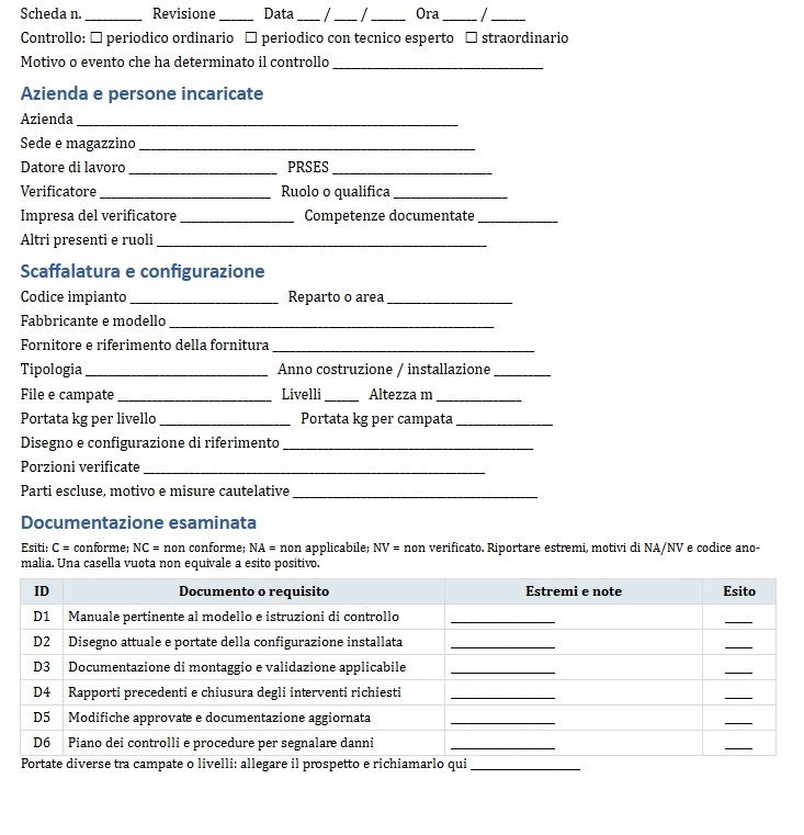 Fac Simile Scheda Verifica Periodica Scaffalature Word, Excel e PDF