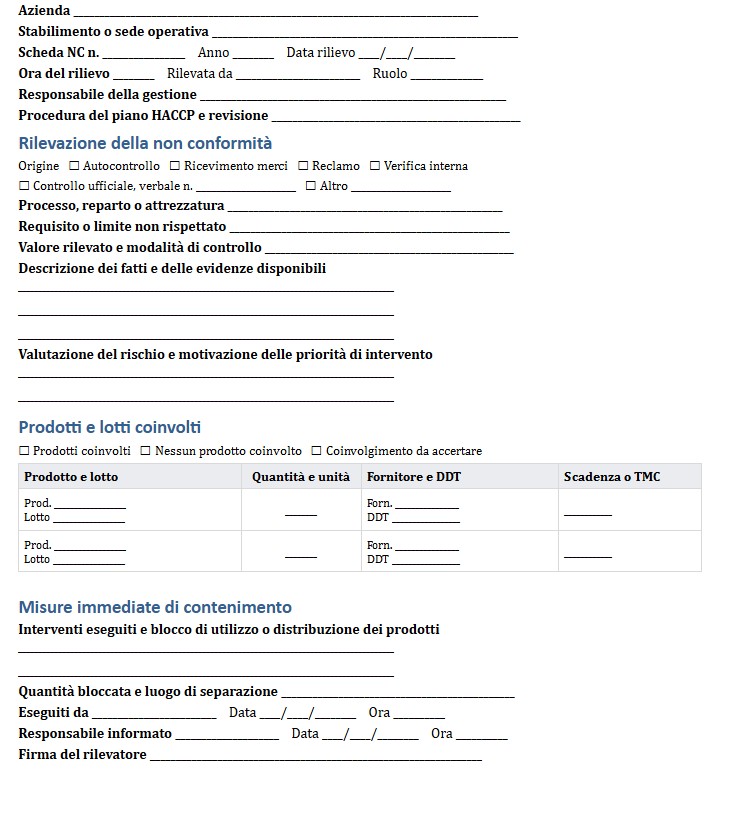 Fac Simile Scheda di Non Conformità HACCP Word e PDF