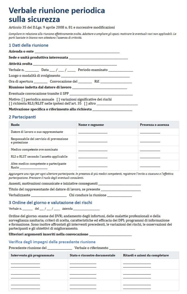 Fac Simile Verbale Riunione Periodica Sicurezza Art. 35 D.lgs. 81/2008