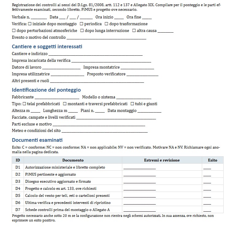 Fac Simile Verbale di Verifica del Ponteggio