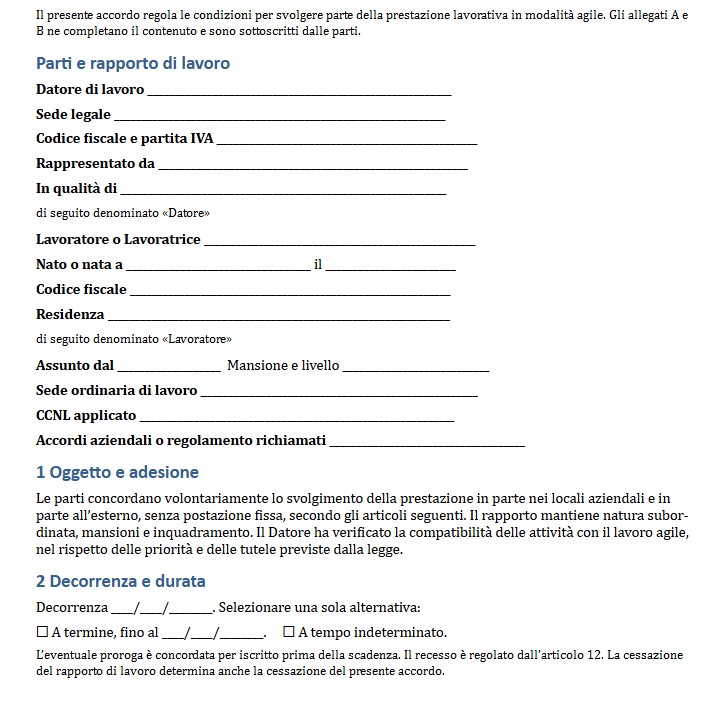 Modello Accordo Individuale Smart Working Word e PDF
