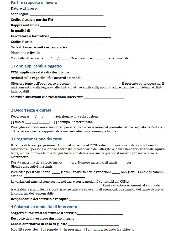 Modello Accordo Individuale di Reperibilità