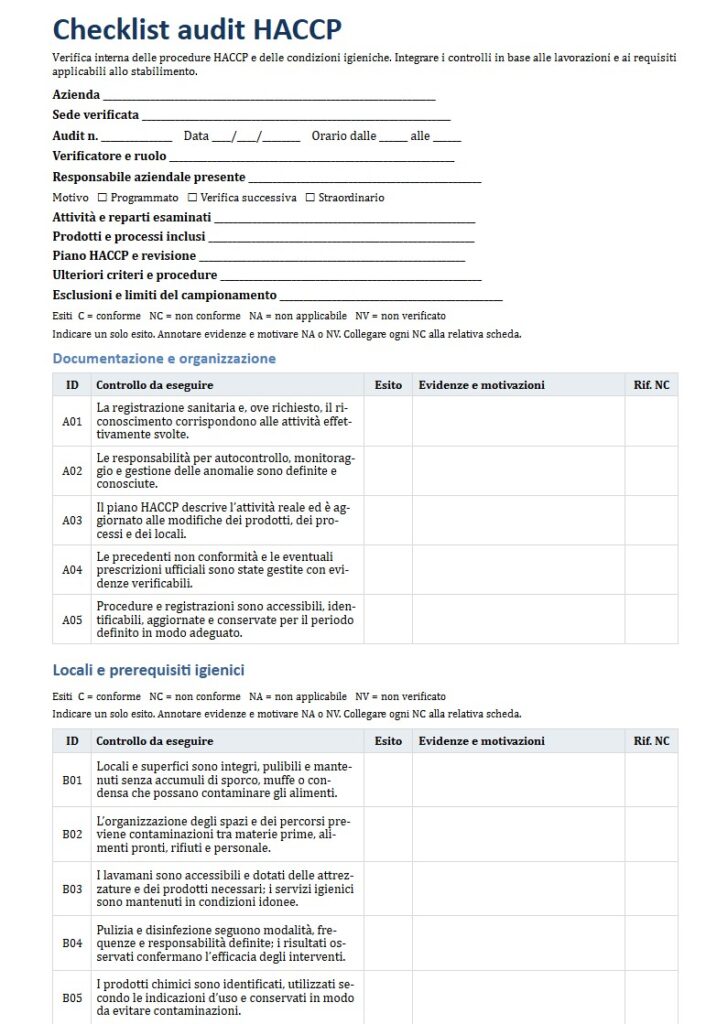 Modello Checklist Audit HACCP Word, Excel e PDF