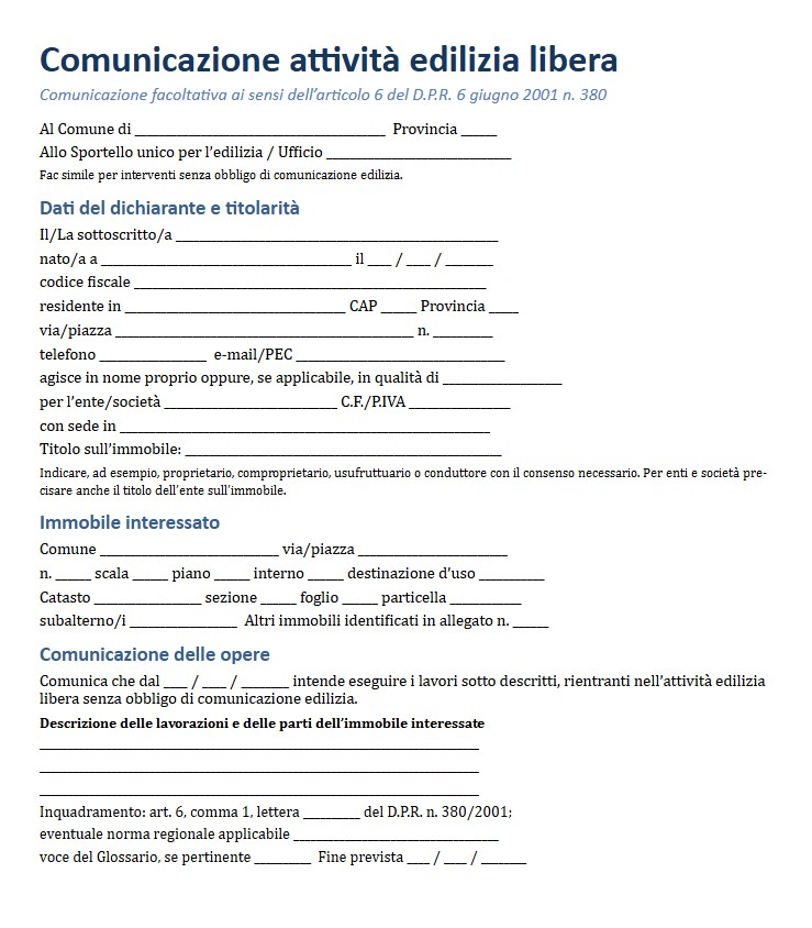 Modello Comunicazione Attività Edilizia Libera Word e PDF