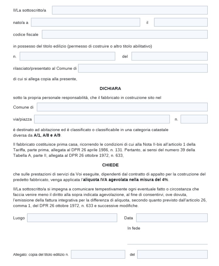 Modello Dichiarazione IVA Agevolata 4% Costruzione Prima Casa Word e PDF