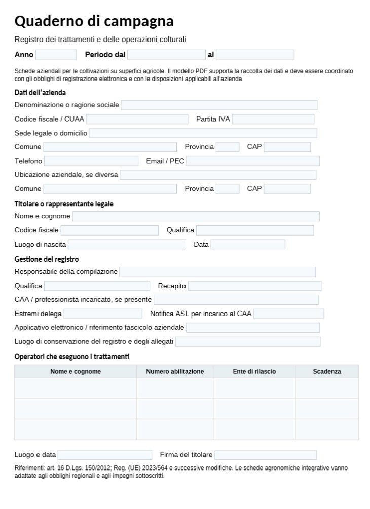 Modello Quaderno di Campagna Word, Excel e PDF