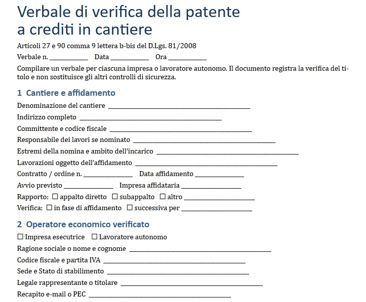 Modello Verbale Verifica Patente a Crediti in Cantiere