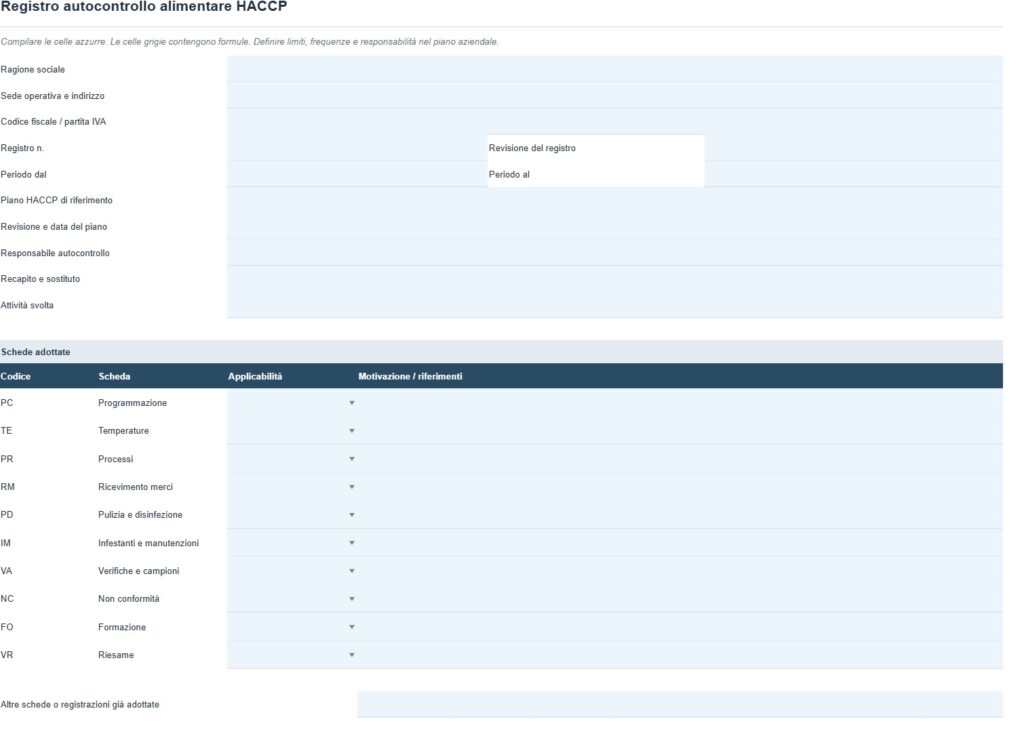Fac Simile Registro Autocontrollo Alimentare HACCP Word, Excel e PDF