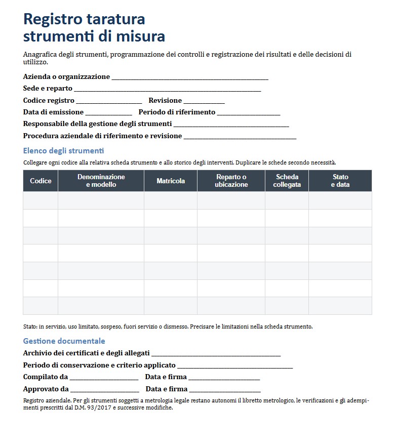 Fac Simile Registro Taratura Strumenti di Misura Word, Excel e PDF