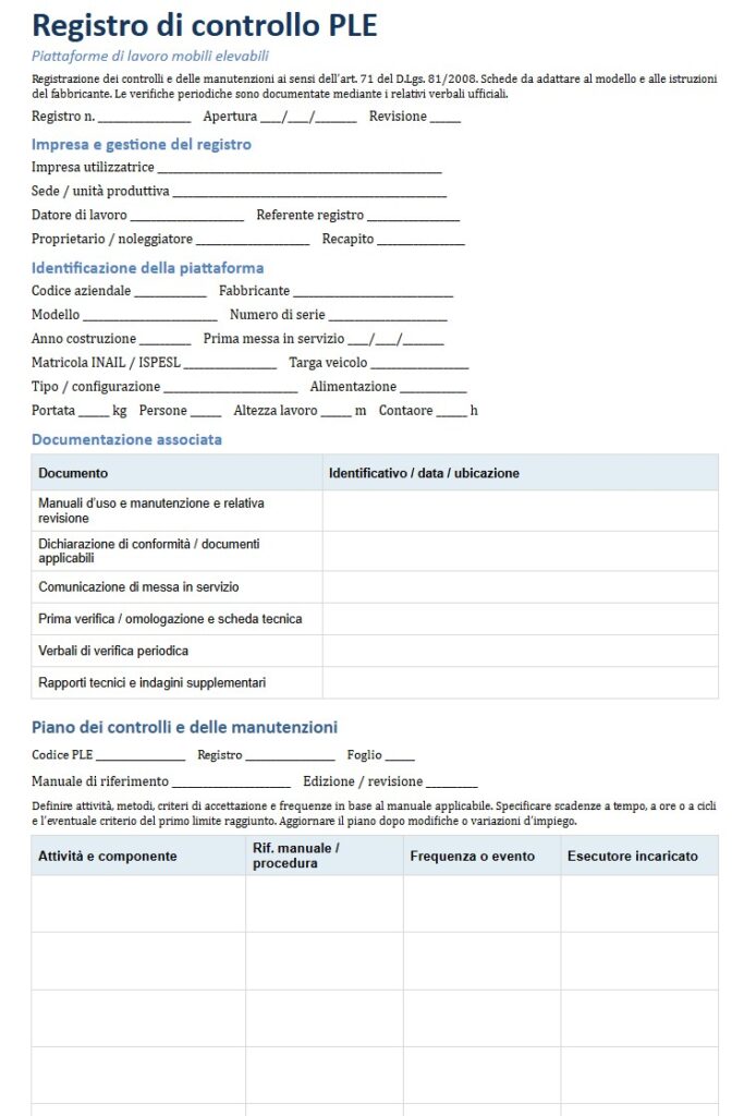 Fac Simile Registro di Controllo PLE Word, Excel e PDF