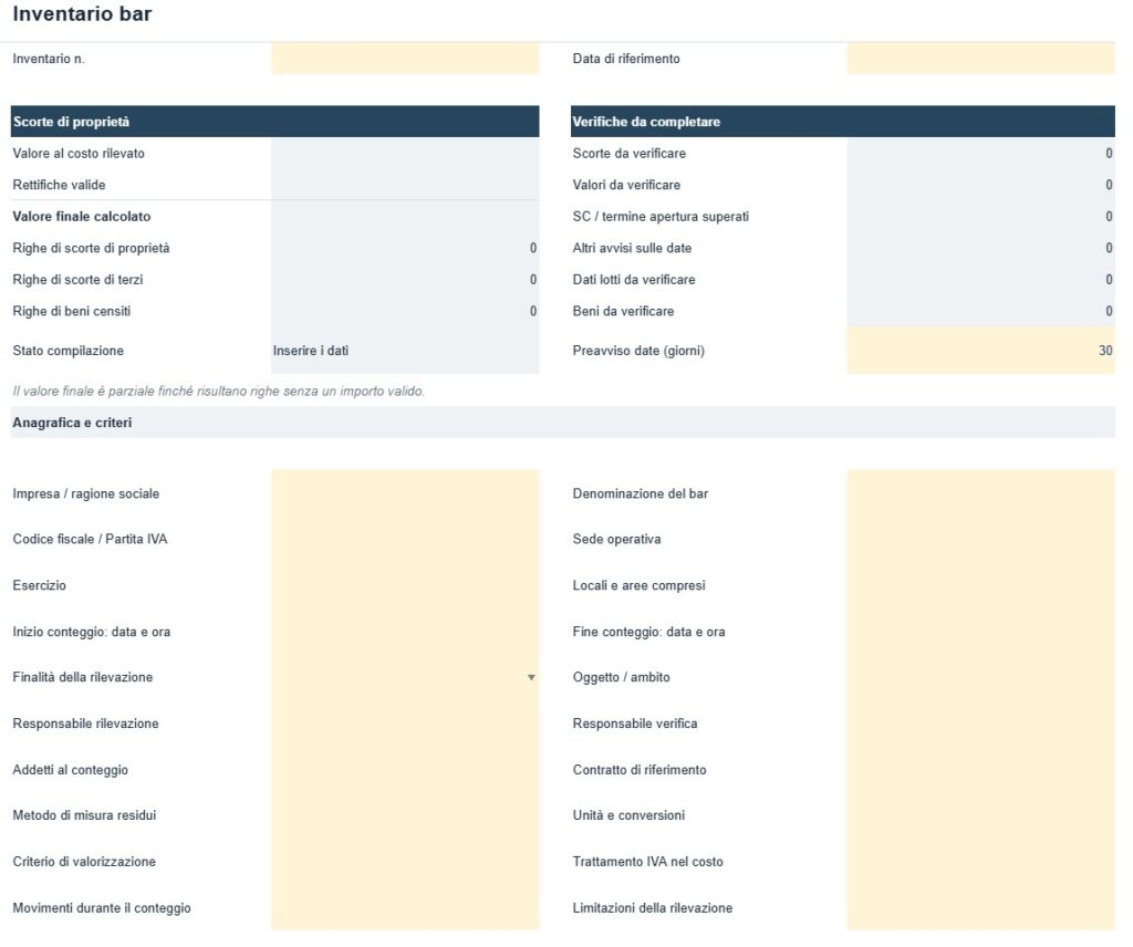 Modello Inventario Bar Word, Excel e PDF